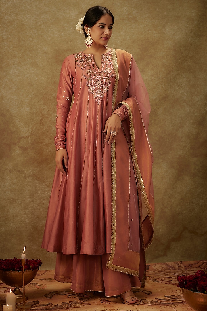 Blush Pink Handwoven Chanderi Zardosi Embroidered Anarkali Set by The Aarya at Pernia's Pop Up Shop