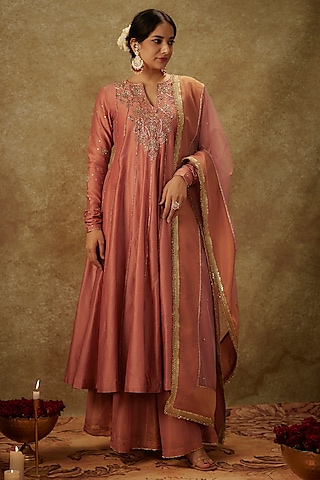 Blush Pink Handwoven Chanderi Zardosi Embroidered Anarkali Set by The Aarya