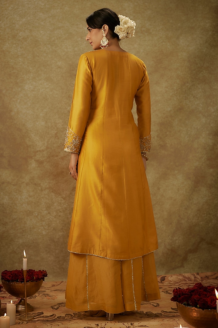 Yellow Handwoven Chanderi Zardosi Embroidered Kurta Set by The Aarya at Pernia's Pop Up Shop