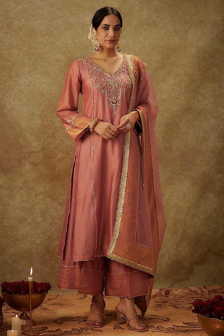 Blush Pink Handwoven Chanderi Zardosi Embroidered Kurta Set by The Aarya