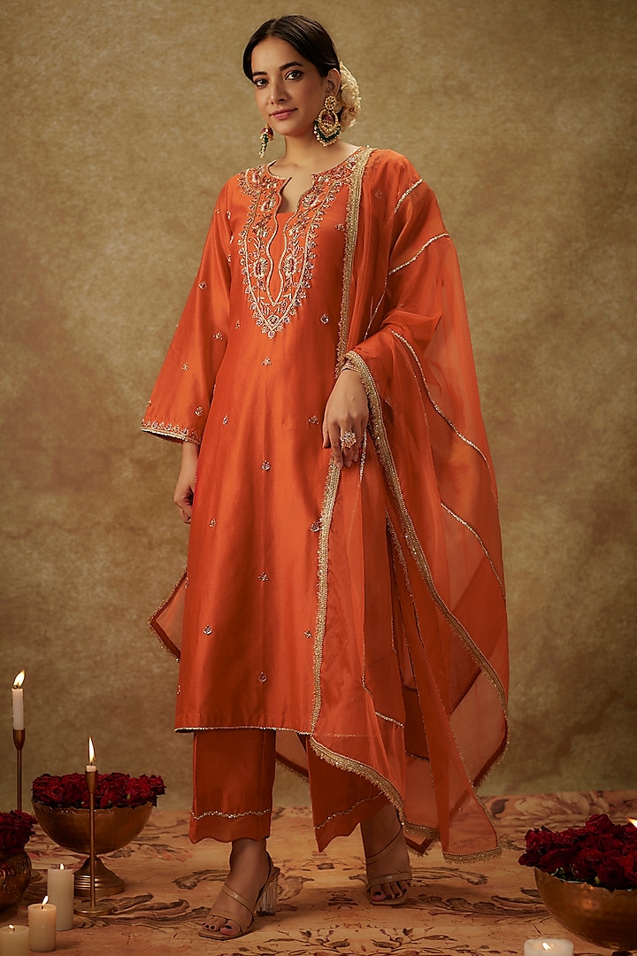 Orange Handwoven Chanderi Zardosi Embroidered Kurta Set by The Aarya at Pernia's Pop Up Shop