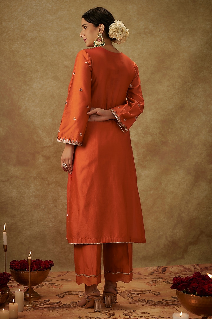 Orange Handwoven Chanderi Zardosi Embroidered Kurta Set by The Aarya at Pernia's Pop Up Shop