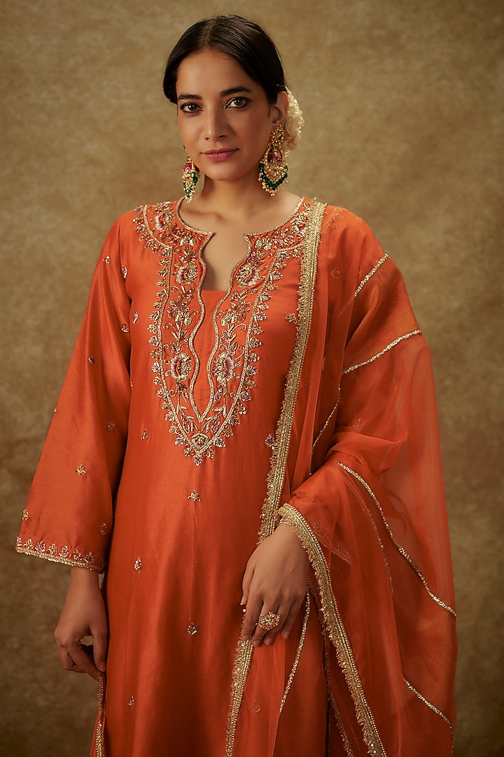 Orange Handwoven Chanderi Zardosi Embroidered Kurta Set by The Aarya at Pernia's Pop Up Shop
