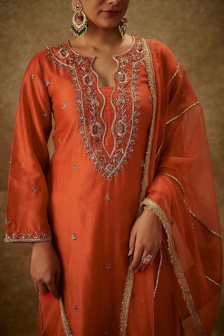 Orange Handwoven Chanderi Zardosi Embroidered Kurta Set by The Aarya at Pernia's Pop Up Shop