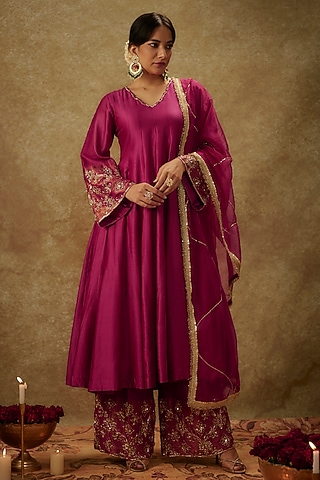 Magenta Pink Handwoven Chanderi Zardosi Work Anarkali Set by The Aarya