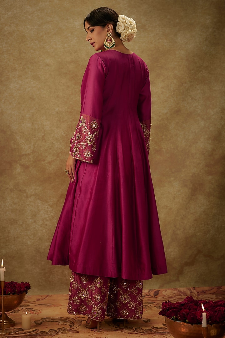 Magenta Pink Handwoven Chanderi Zardosi Work Wedding Anarkali Set by The Aarya at Pernia's Pop Up Shop
