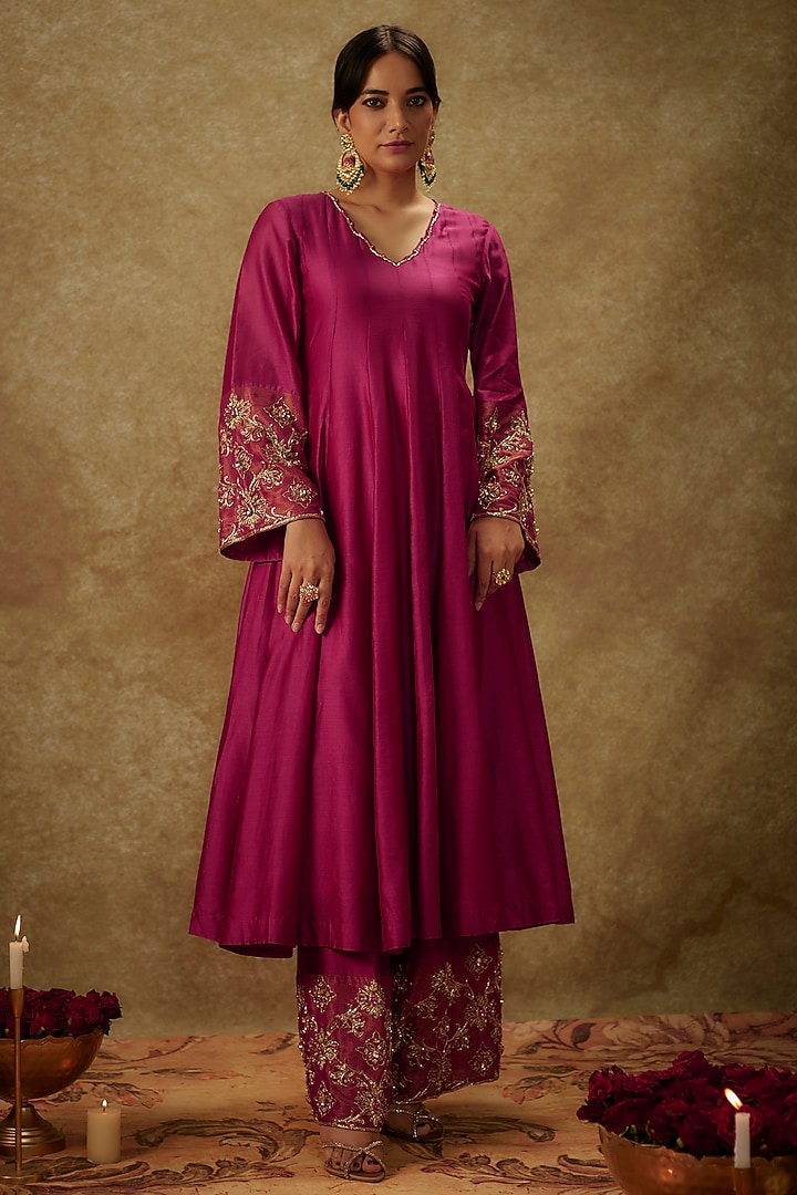 Magenta Pink Handwoven Chanderi Zardosi Work Wedding Anarkali Set by The Aarya at Pernia's Pop Up Shop