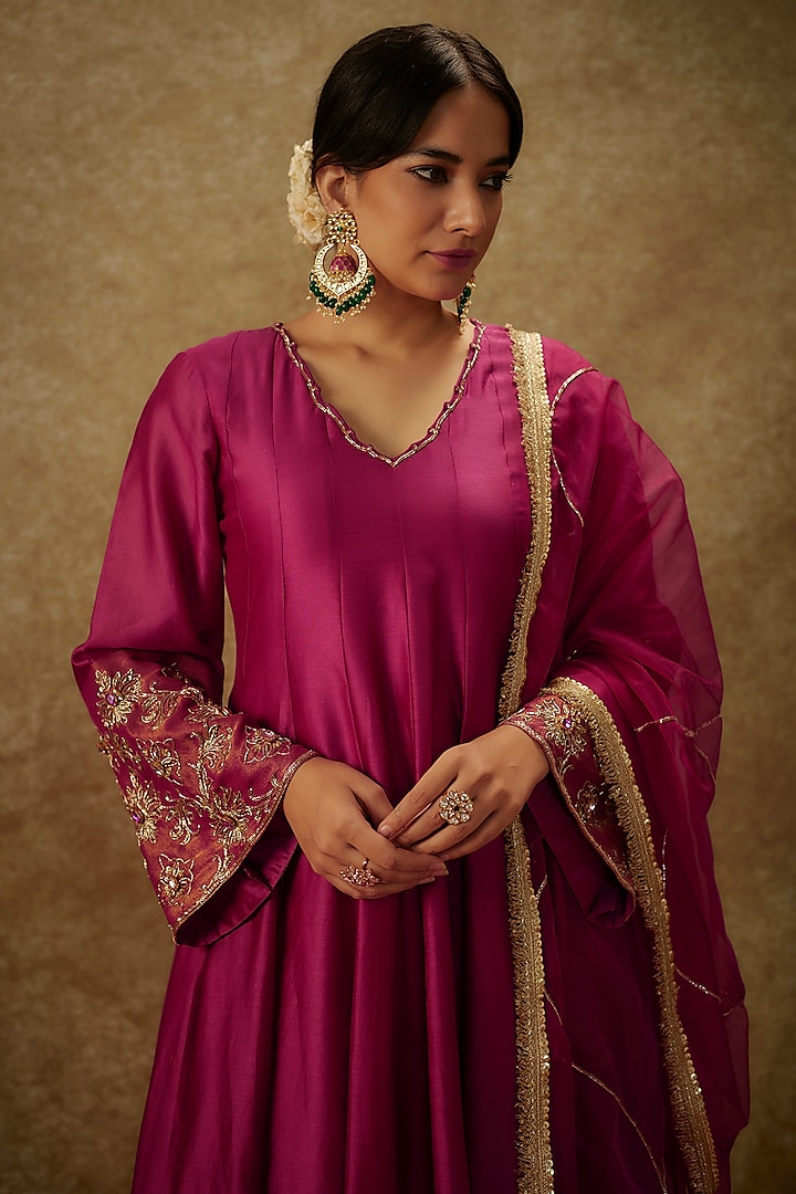 Magenta Pink Handwoven Chanderi Zardosi Work Wedding Anarkali Set by The Aarya at Pernia's Pop Up Shop