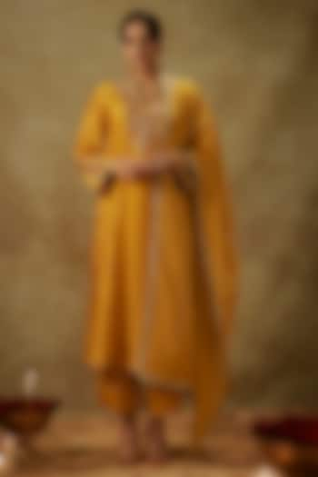 Yellow Handwoven Chanderi Zardosi Embroidered A-Line Kurta Set by The Aarya