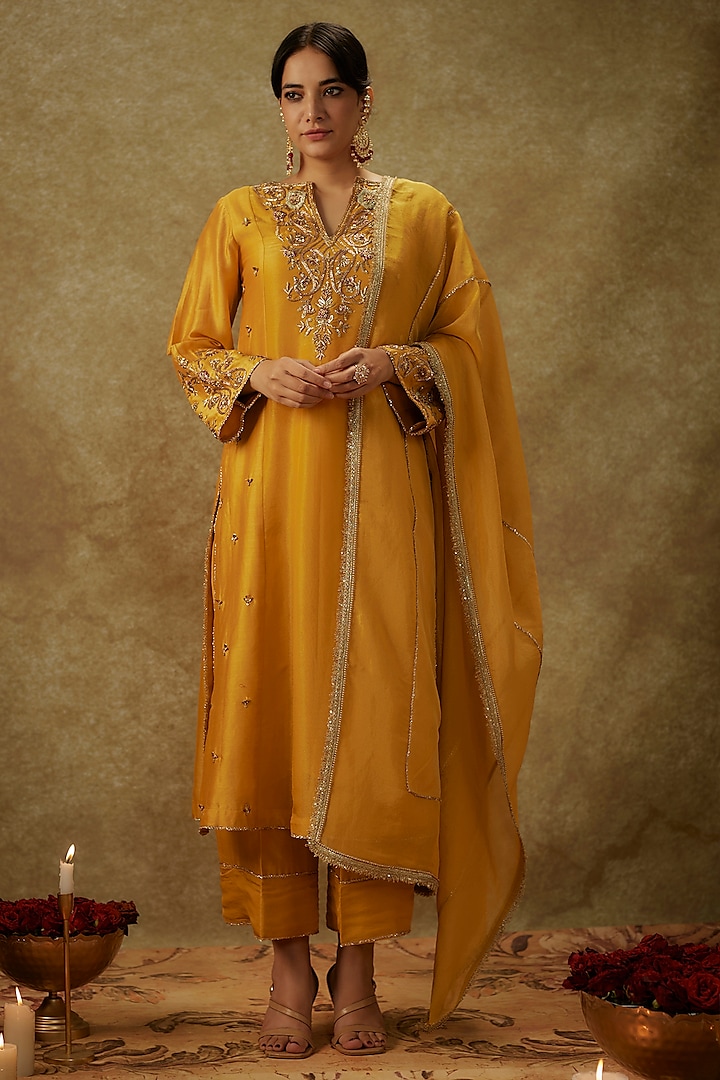 Yellow Handwoven Chanderi Zardosi Embroidered A-Line Kurta Set by The Aarya