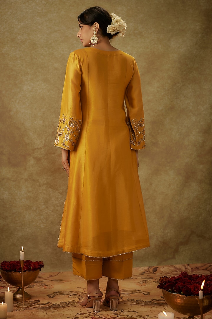 Yellow Handwoven Chanderi Zardosi Embroidered A-Line Kurta Set by The Aarya at Pernia's Pop Up Shop