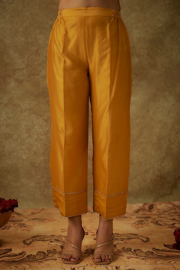 Yellow Handwoven Chanderi Zardosi Embroidered A-Line Kurta Set by The Aarya at Pernia's Pop Up Shop