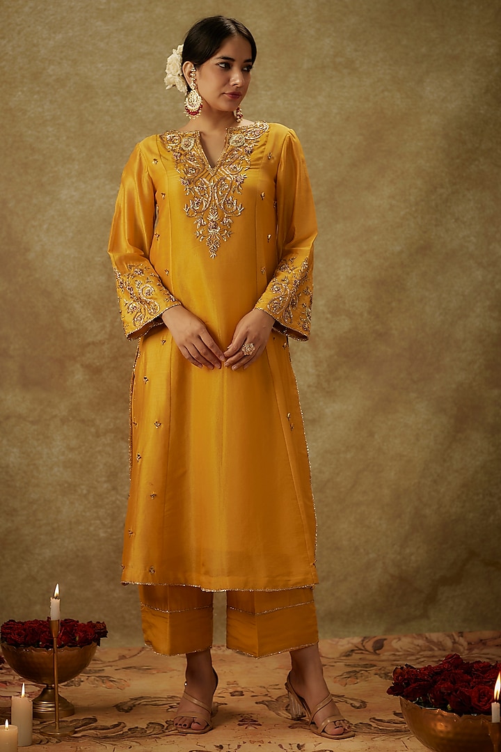 Yellow Handwoven Chanderi Zardosi Embroidered A-Line Kurta Set by The Aarya at Pernia's Pop Up Shop