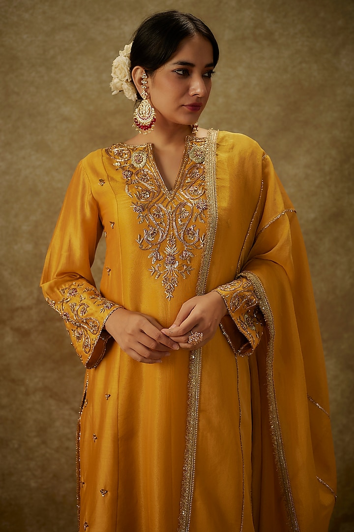 Yellow Handwoven Chanderi Zardosi Embroidered A-Line Kurta Set by The Aarya at Pernia's Pop Up Shop