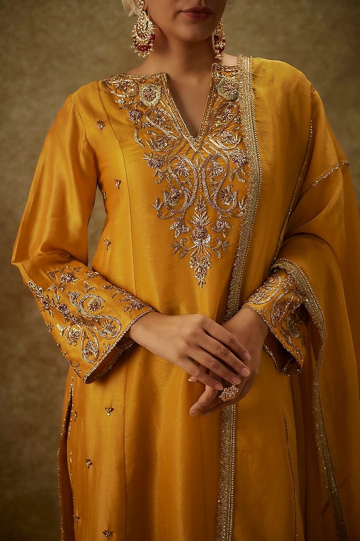 Yellow Handwoven Chanderi Zardosi Embroidered A-Line Kurta Set by The Aarya at Pernia's Pop Up Shop