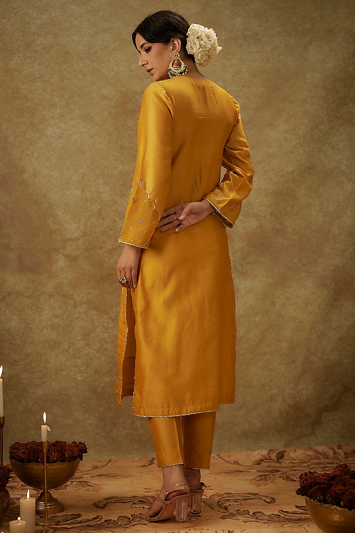 Yellow Handwoven Chanderi Zardosi Embroidered Kurta Set by The Aarya at Pernia's Pop Up Shop