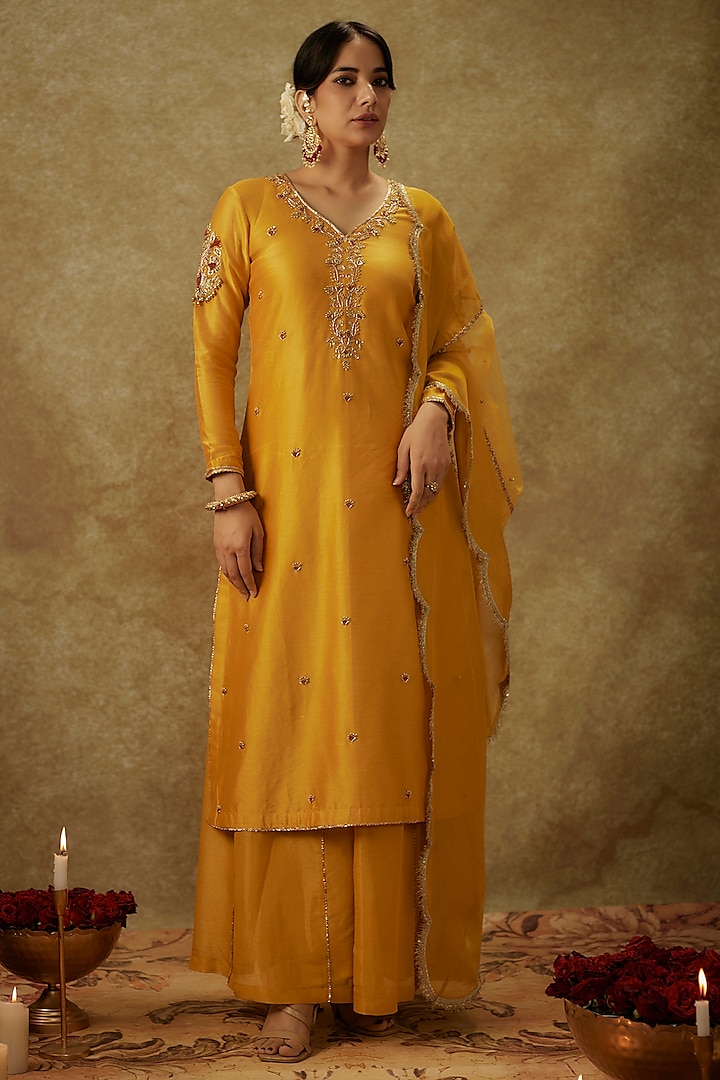 Yellow Handwoven Chanderi Zardosi Embroidered Kurta Set by The Aarya