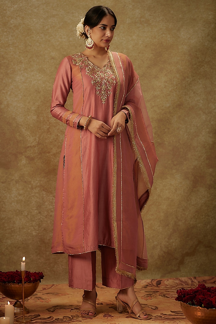 Blush Pink Handwoven Chanderi Zardosi Embroidered Kurta Set by The Aarya