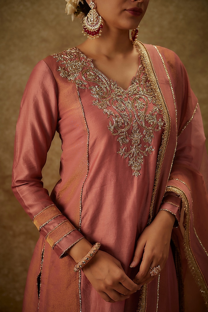 Blush Pink Handwoven Chanderi Zardosi Embroidered Kurta Set by The Aarya at Pernia's Pop Up Shop