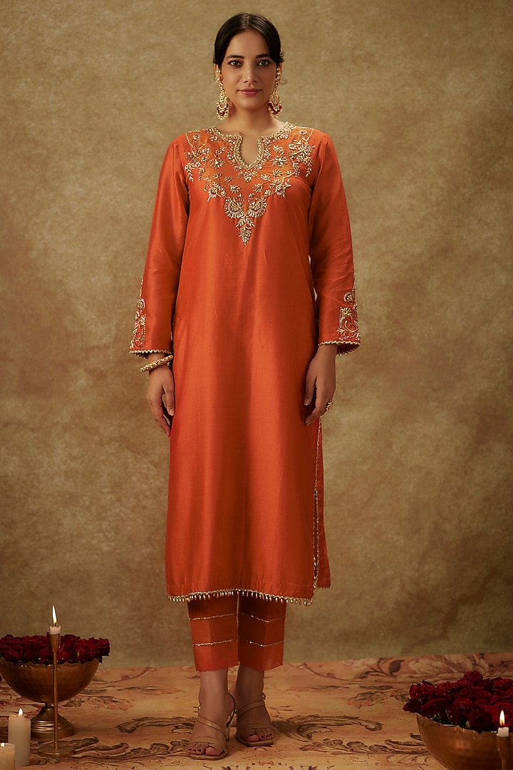 Orange Handwoven Chanderi Zardosi Embroidered Kurta Set by The Aarya at Pernia's Pop Up Shop