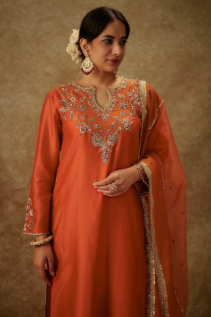 Orange Handwoven Chanderi Zardosi Embroidered Kurta Set by The Aarya at Pernia's Pop Up Shop