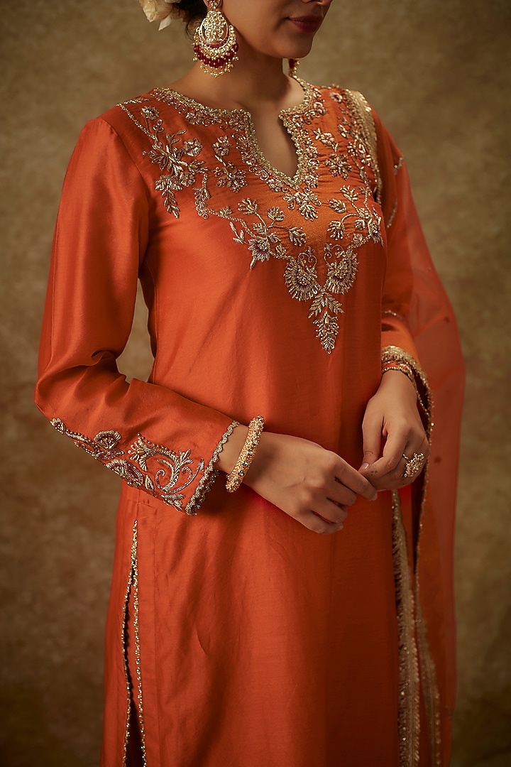 Orange Handwoven Chanderi Zardosi Embroidered Kurta Set by The Aarya at Pernia's Pop Up Shop