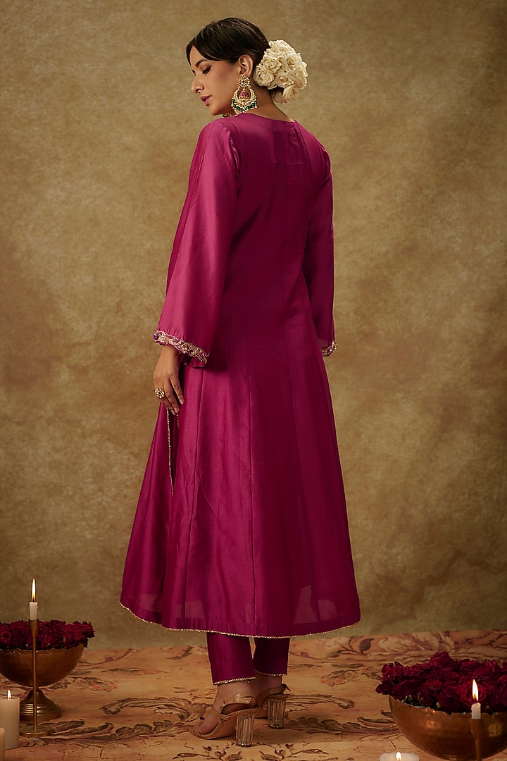 Magenta Pink Handwoven Chanderi Embroidered Party Wear Anarkali Set by The Aarya at Pernia's Pop Up Shop