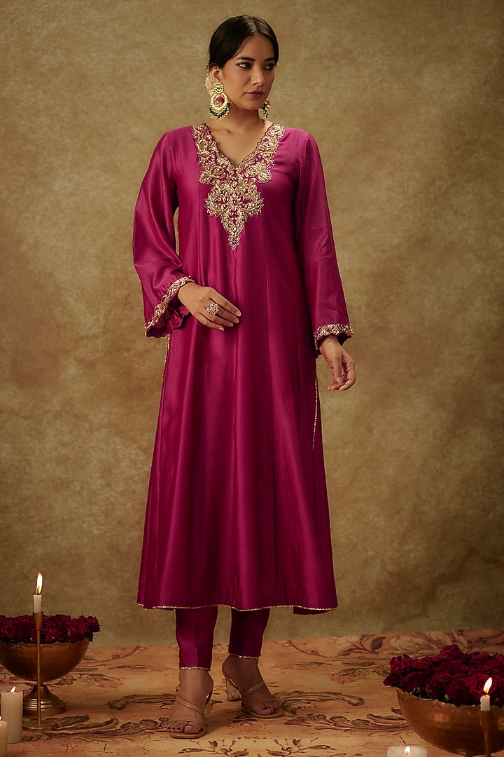 Magenta Pink Handwoven Chanderi Embroidered Party Wear Anarkali Set by The Aarya at Pernia's Pop Up Shop