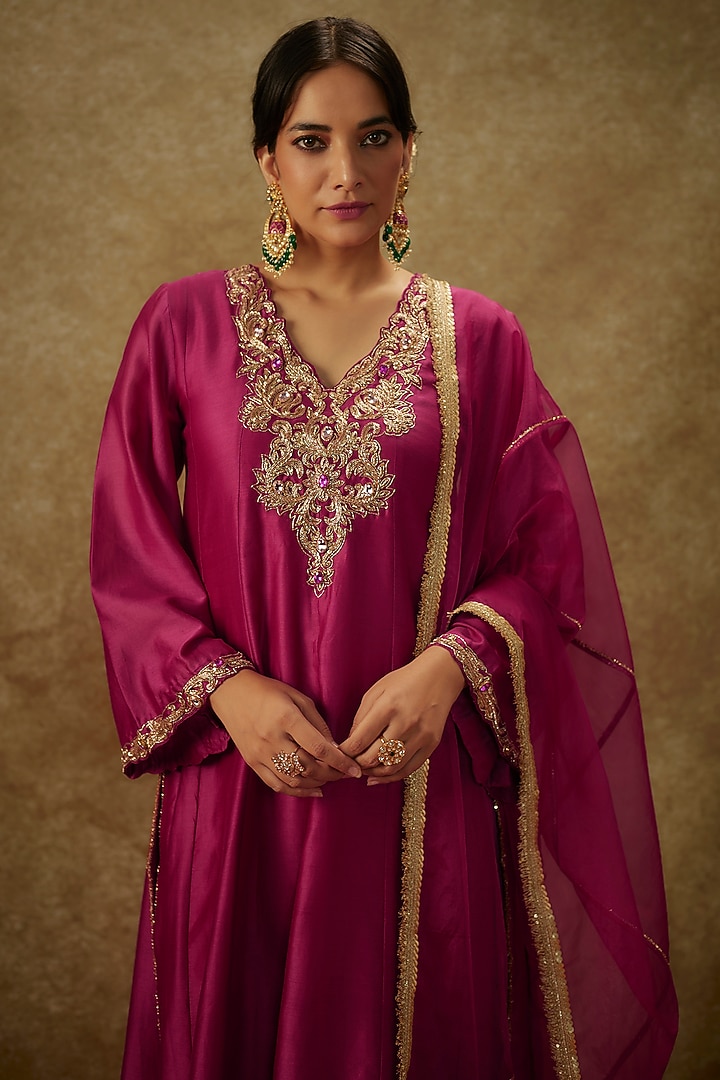 Magenta Pink Handwoven Chanderi Embroidered Party Wear Anarkali Set by The Aarya at Pernia's Pop Up Shop