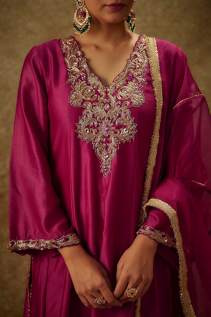 Magenta Pink Handwoven Chanderi Embroidered Party Wear Anarkali Set by The Aarya at Pernia's Pop Up Shop