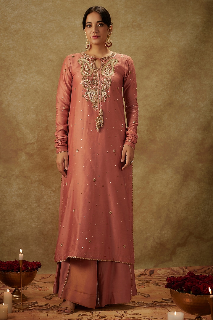 Blush Pink Handwoven Chanderi Zardosi Embroidered Kurta Set by The Aarya at Pernia's Pop Up Shop