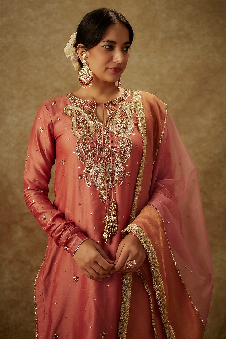 Blush Pink Handwoven Chanderi Zardosi Embroidered Kurta Set by The Aarya at Pernia's Pop Up Shop