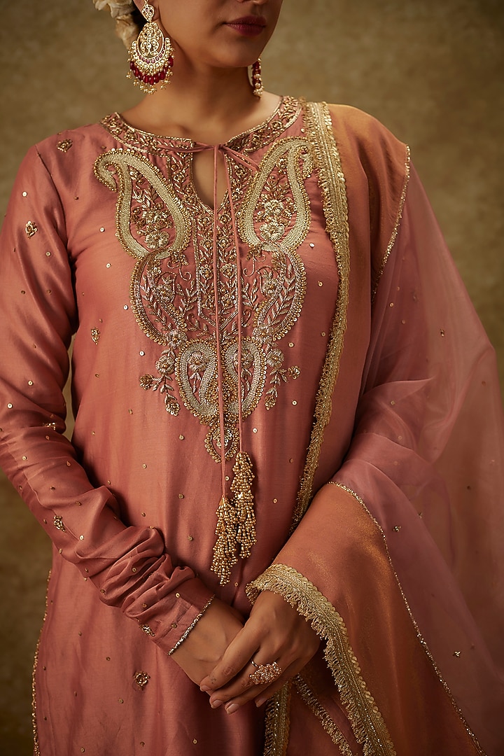 Blush Pink Handwoven Chanderi Zardosi Embroidered Kurta Set by The Aarya at Pernia's Pop Up Shop