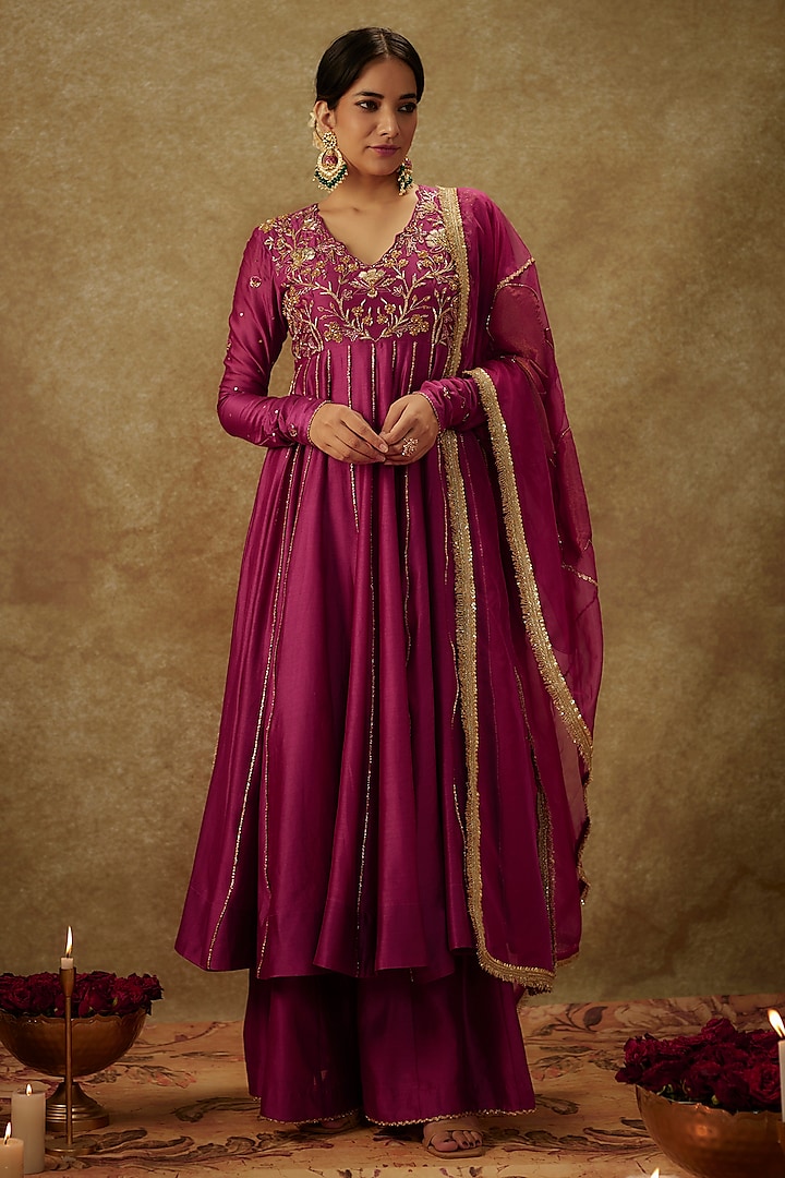 Magenta Pink Handwoven Chanderi Embroidered Anarkali Set by The Aarya at Pernia's Pop Up Shop