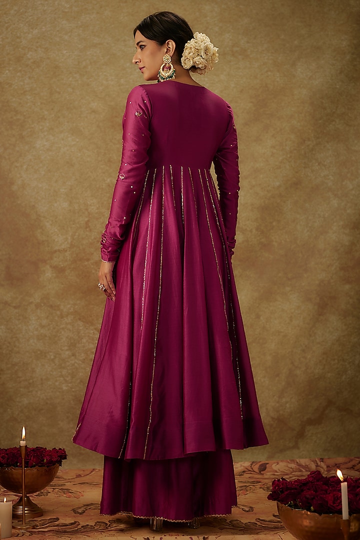 Magenta Pink Handwoven Chanderi Embroidered Wedding Anarkali Set by The Aarya at Pernia's Pop Up Shop