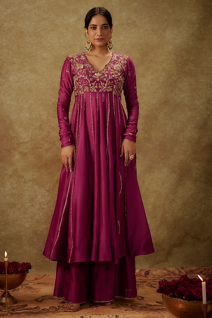Magenta Pink Handwoven Chanderi Embroidered Wedding Anarkali Set by The Aarya at Pernia's Pop Up Shop
