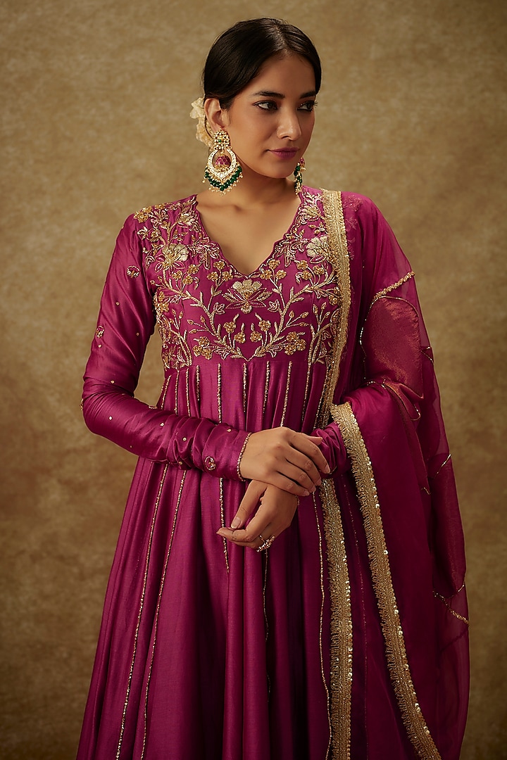 Magenta Pink Handwoven Chanderi Embroidered Wedding Anarkali Set by The Aarya at Pernia's Pop Up Shop