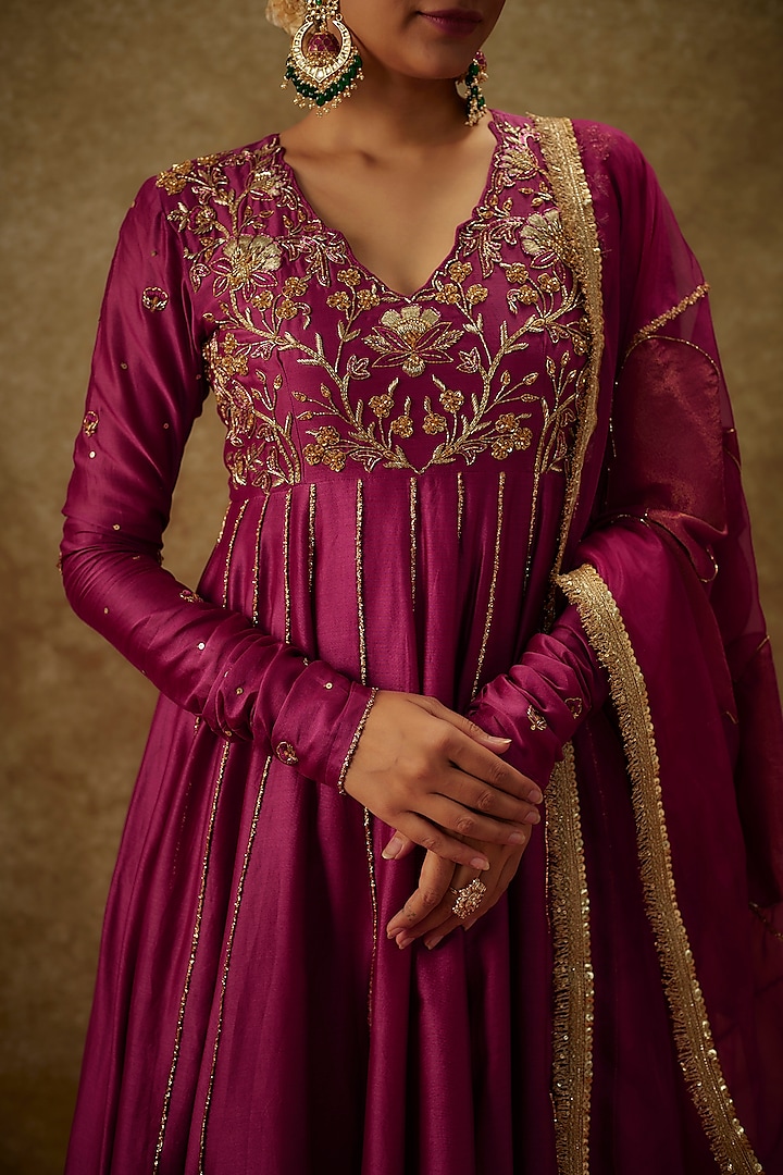 Magenta Pink Handwoven Chanderi Embroidered Wedding Anarkali Set by The Aarya at Pernia's Pop Up Shop