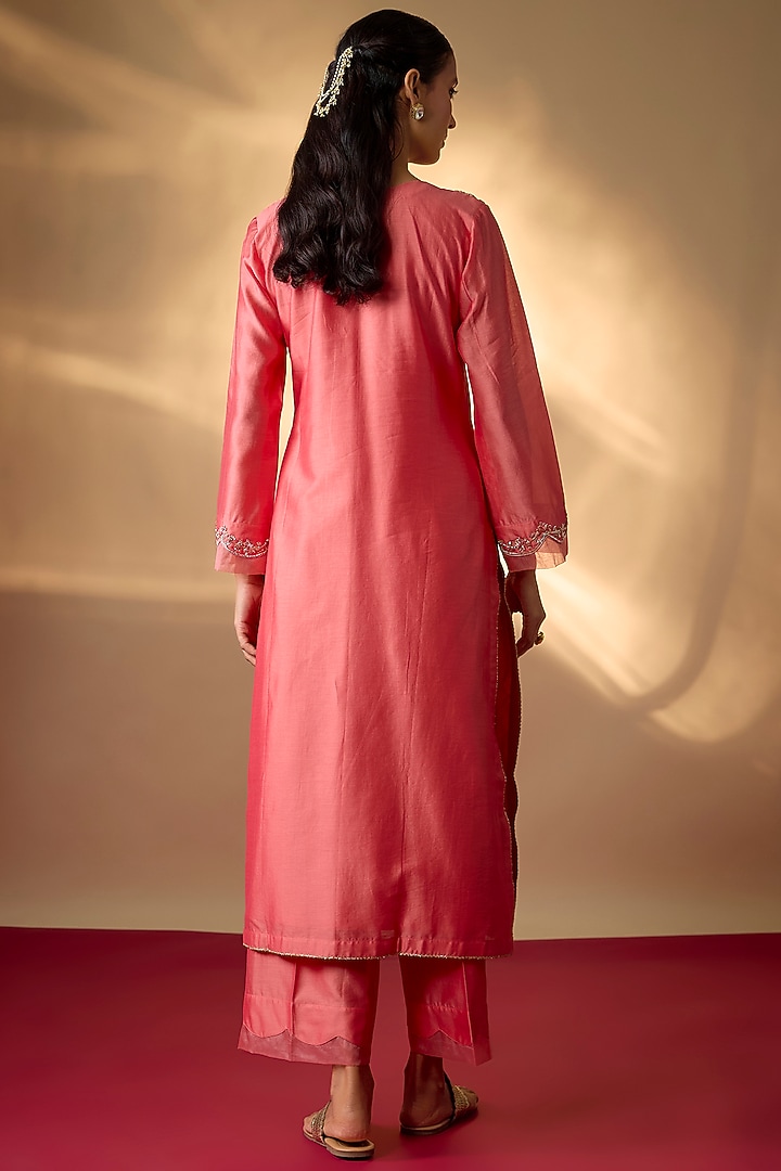 Coral Pink Handwoven Chanderi Zardosi Embroidered Kurta Set by The Aarya at Pernia's Pop Up Shop