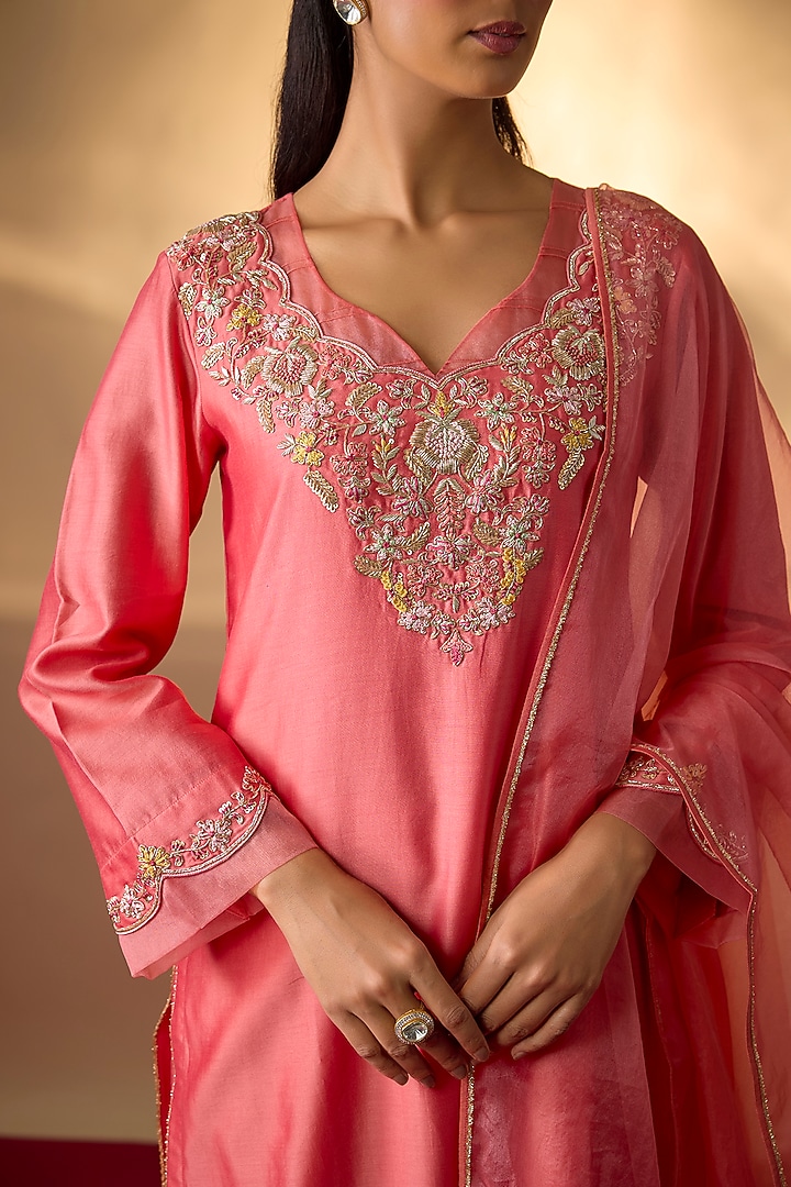 Coral Pink Handwoven Chanderi Zardosi Embroidered Kurta Set by The Aarya at Pernia's Pop Up Shop