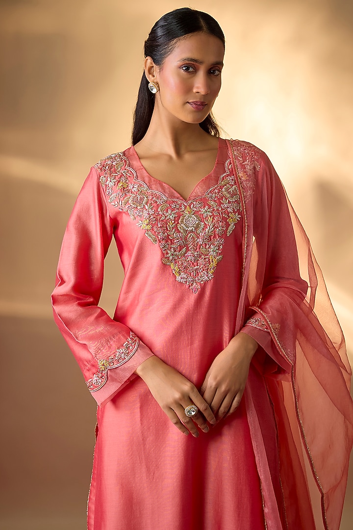 Coral Pink Handwoven Chanderi Zardosi Embroidered Kurta Set by The Aarya at Pernia's Pop Up Shop