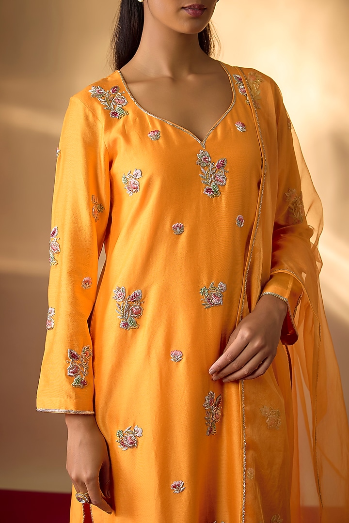 Mango Yellow Handwoven Chanderi Zardosi Embroidered Kurta Set by The Aarya at Pernia's Pop Up Shop