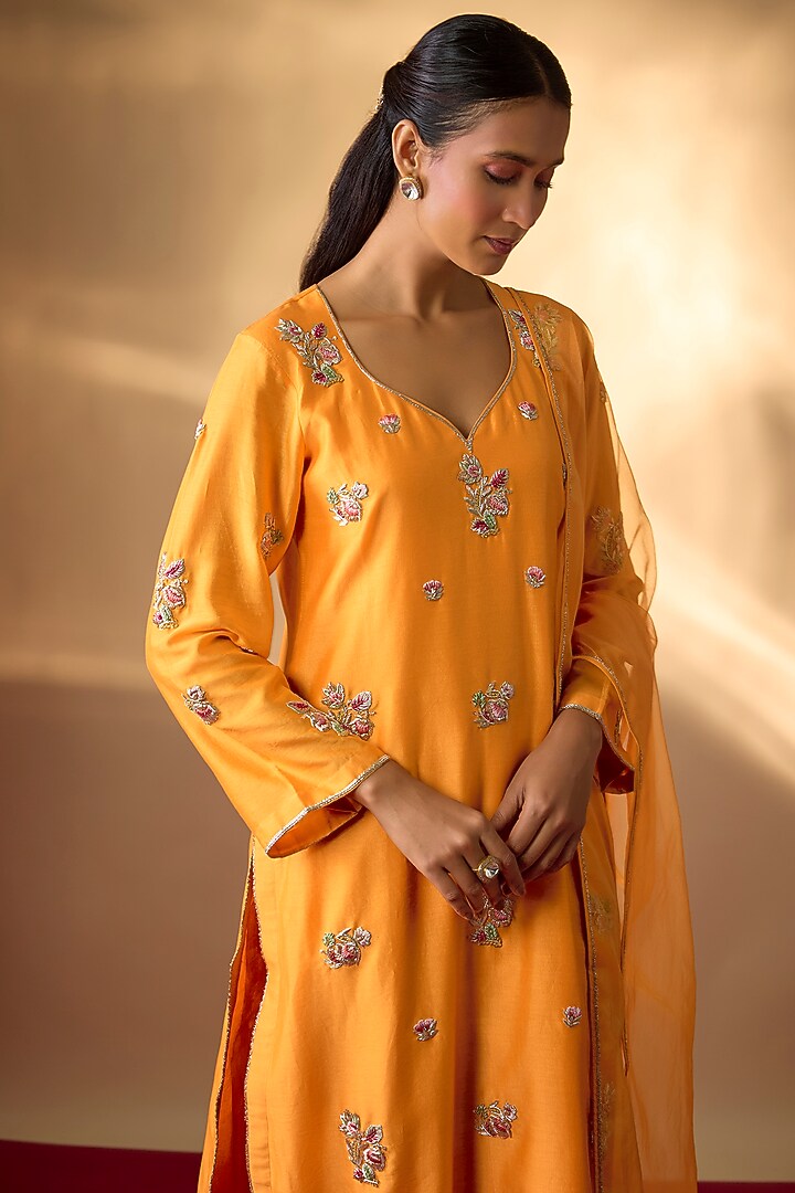 Mango Yellow Handwoven Chanderi Zardosi Embroidered Kurta Set by The Aarya at Pernia's Pop Up Shop