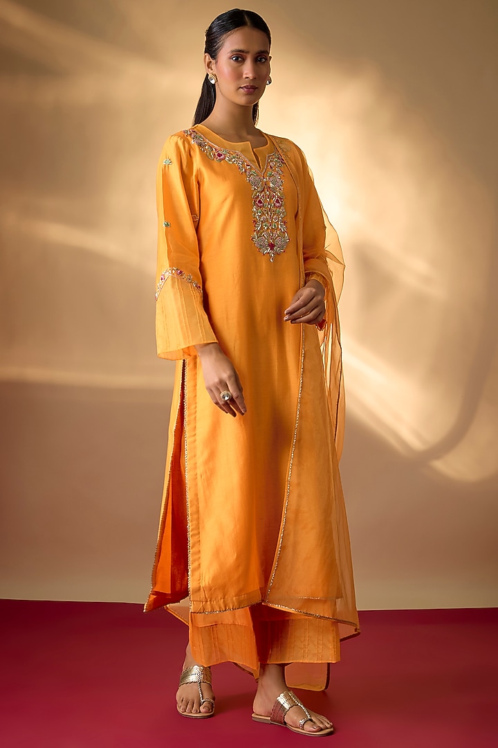Mango Yellow Handwoven Chanderi Zardosi Embroidered Kurta Set by The Aarya at Pernia's Pop Up Shop