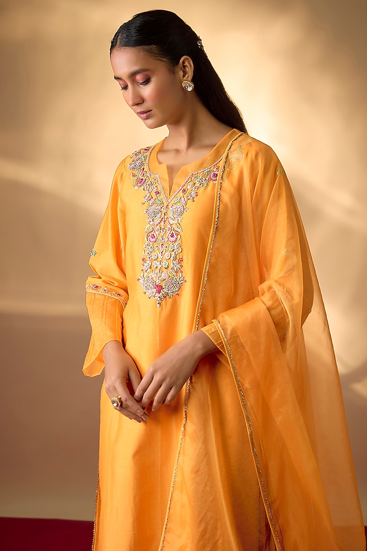 Mango Yellow Handwoven Chanderi Zardosi Embroidered Kurta Set by The Aarya at Pernia's Pop Up Shop
