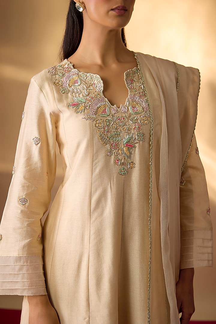 Soft Beige Handwoven Chanderi Zardosi Floral Embroidered Kurta Set by The Aarya at Pernia's Pop Up Shop