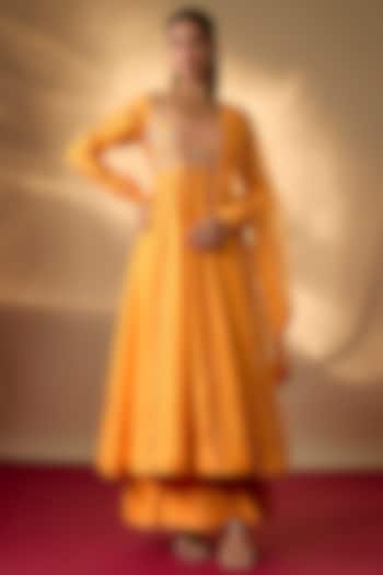 Mango Yellow Handwoven Chanderi Zardosi Embroidered Wedding Anarkali Set by The Aarya at Pernia's Pop Up Shop