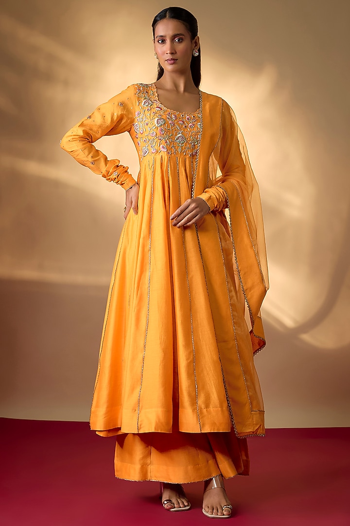 Mango Yellow Handwoven Chanderi Zardosi Embroidered Wedding Anarkali Set by The Aarya at Pernia's Pop Up Shop