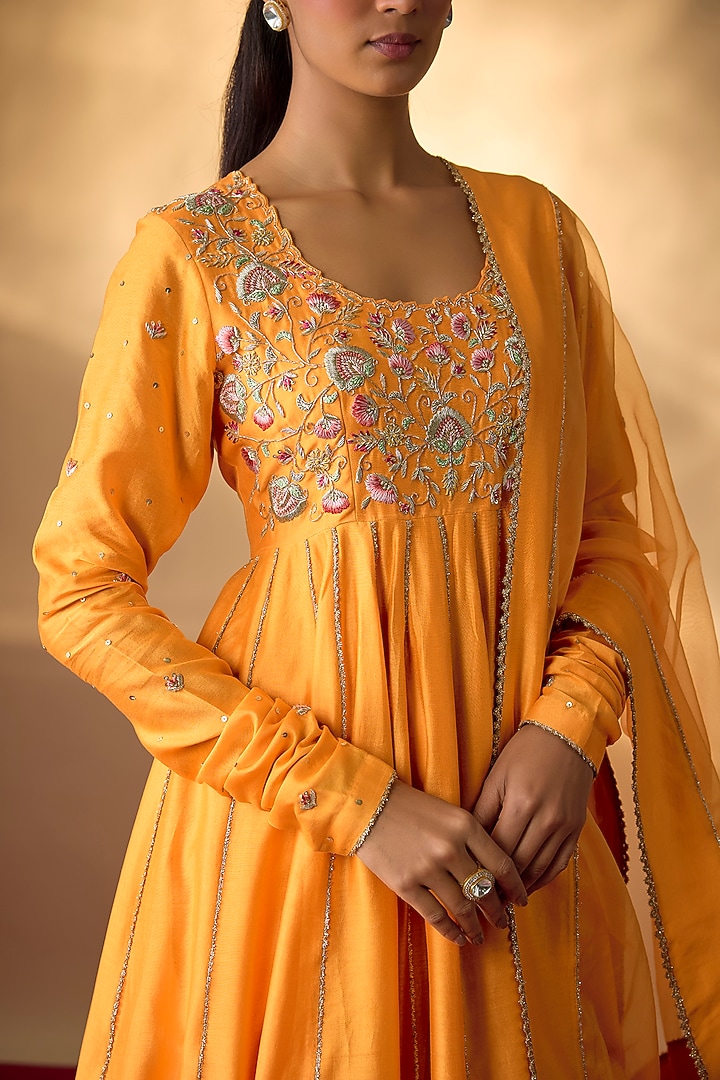 Mango Yellow Handwoven Chanderi Zardosi Embroidered Wedding Anarkali Set by The Aarya at Pernia's Pop Up Shop