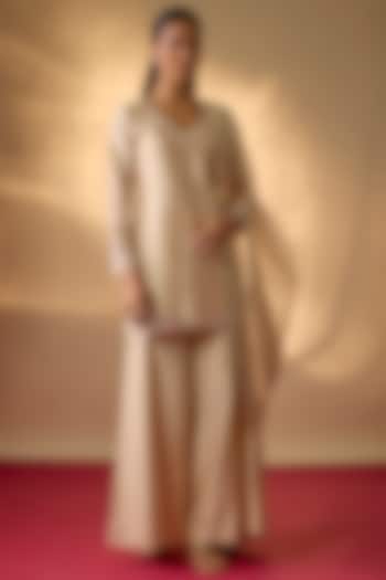 Beige Handwoven Chanderi Zardosi Floral Embroidered Kurta Set by The Aarya at Pernia's Pop Up Shop